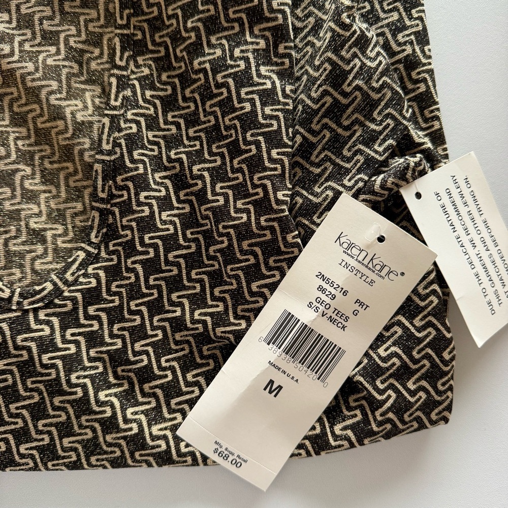 NWT Karen Kane Geometric Sparkly Brown Gold Short Sleeve V-Neck T-Shirt Top M - Picture 4 of 6